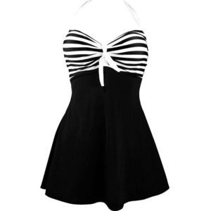 Cocoship Black/White Vintage One Piece Skirtini Cover-Up Skirted Swimsuit US 22